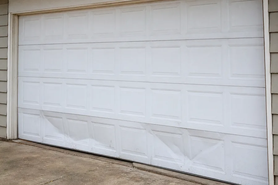 Dented panel sections on an older garage door in Tulsa, OK