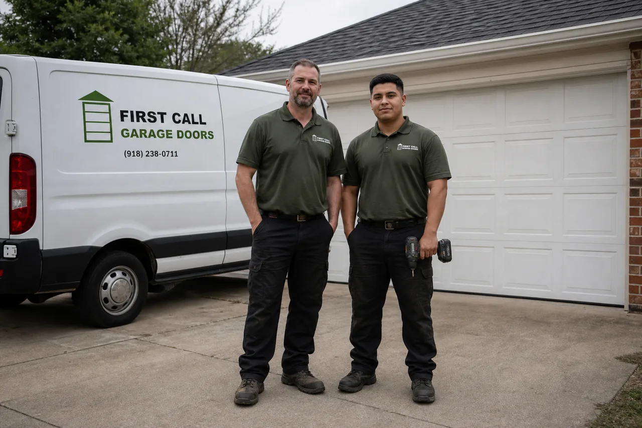 First Call Garage Doors technicians and service van outside a home in Tulsa, OK