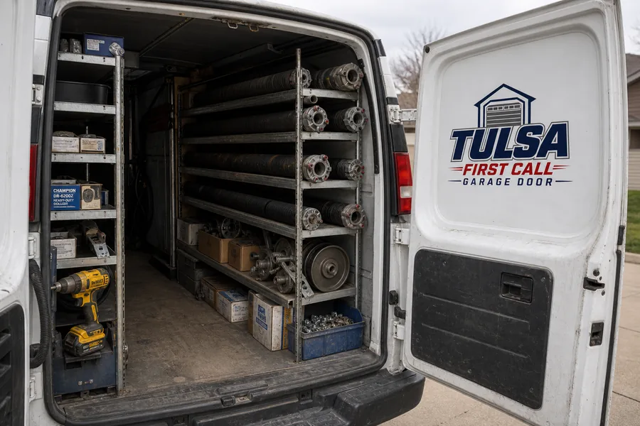 Inside the First Call Garage Doors van: springs, rollers, drums and hinges stocked for Tulsa
