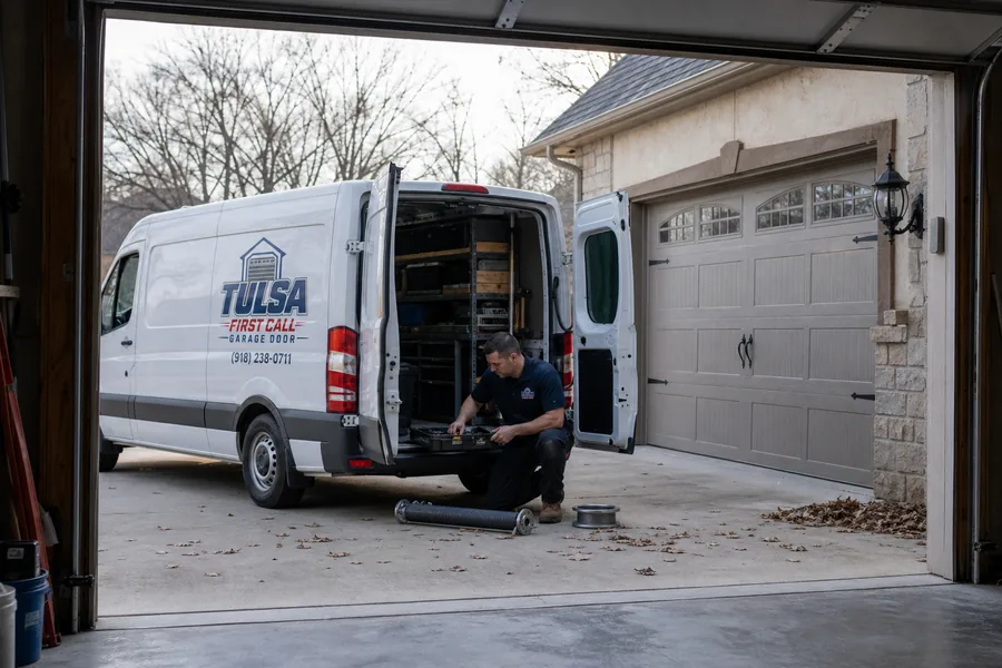A First Call Garage Doors technician bringing a torsion spring from the van in Tulsa, OK
