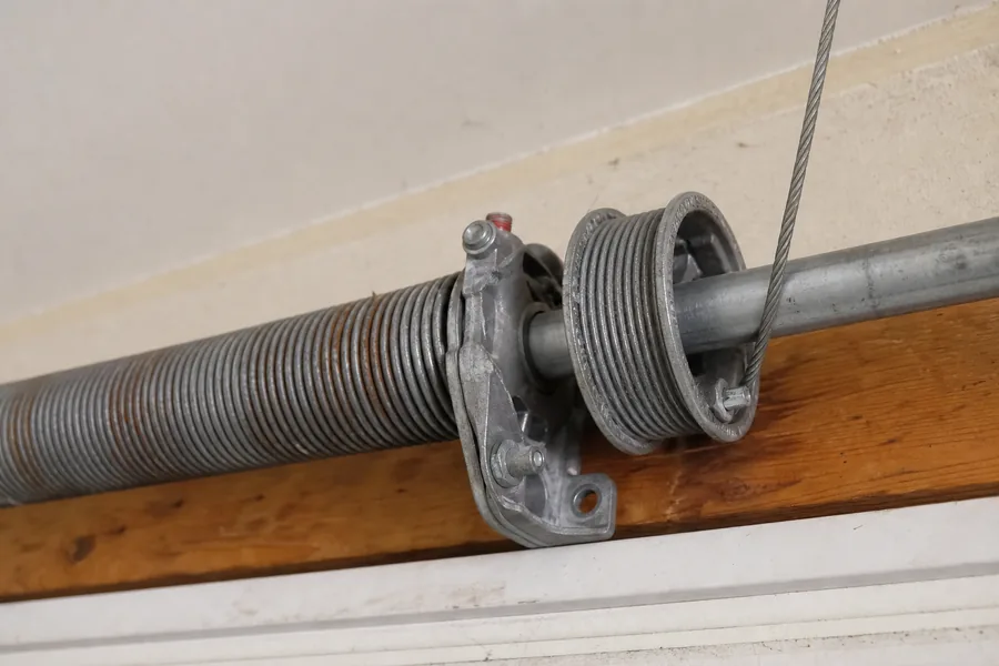 Torsion spring, shaft and cable drum above a garage door in Tulsa, OK