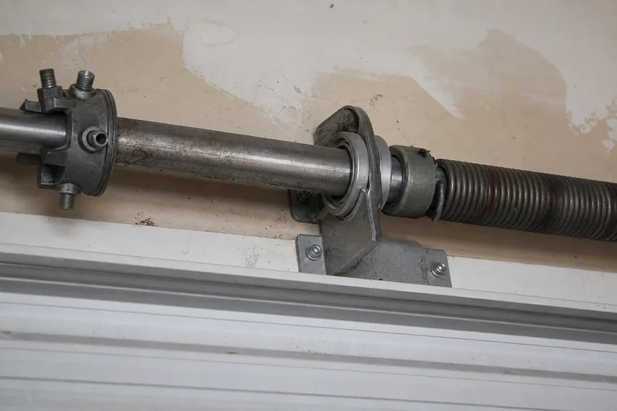 Torsion spring, winding cone and center bearing above a garage door in Tulsa, OK